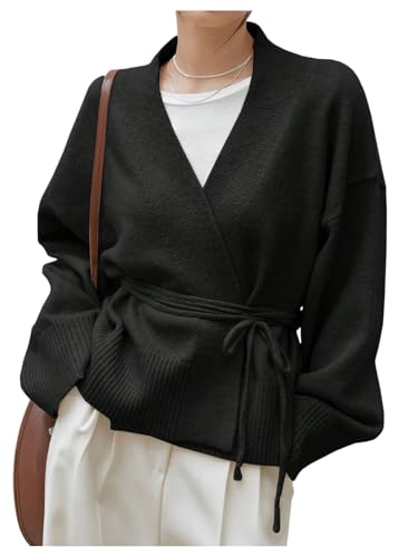 Image of WDIRARA Women's Wrap Long Sleeve Tie Front Cardigan | V Neck, Belted Sweater, Casual, Long Sleeve, Tie Waist, Knit Top