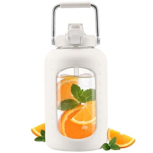 Image of WINSA 100 oz Glass Water Bottle with Straw, 3 Liter, White | Gallon Drinking Bottle with Handle, Large Glass Water Jug, Silicone Sleeve, For Gym Sports, Wide Mouth