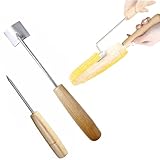 Stainless Steel Corn Peeler for Corn on the Cob with Cob Holder set of 2, Long Wood Handle Corn Stripper with Corn Needle Tools Remove The Whole Kernels In Seconds