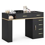Paddie Manicure Table with Dust Collector, Glass Top Nail Tech Table Nail Desk Station w/7 Storage Drawers & 3-Tiers Open Shelves, Nail Beauty Workstation w/Wrist Cushion & Golden Handles(Black)