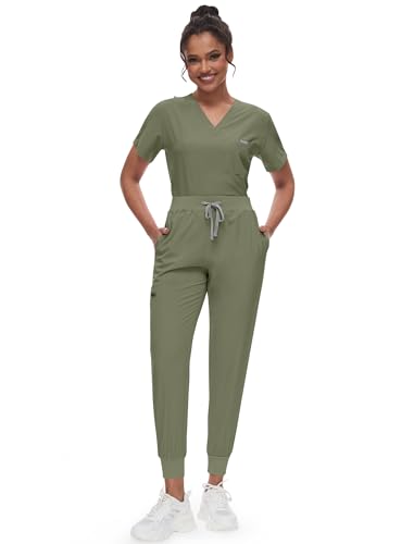 niaahinn Scrubs for Women Set - Classic V-neck Top & Yogga Waistband Jogger Pants with 8 Pockets Breathable Slim Fit Suit (Olive,M)