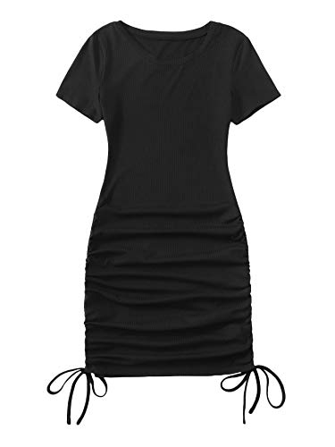 Milumia Women Drawstring Side Short Sleeve Ribbed Knit Bodycon Pencil Ruched Short Dress Black Medium