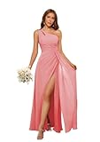 Clothfun Women's One Shoulder Elegant Sleeveless Pleats Bridesmaid Dress with Pocket A-Line Chiffon Long Formal Dresses for Evening Party Coral Size 12