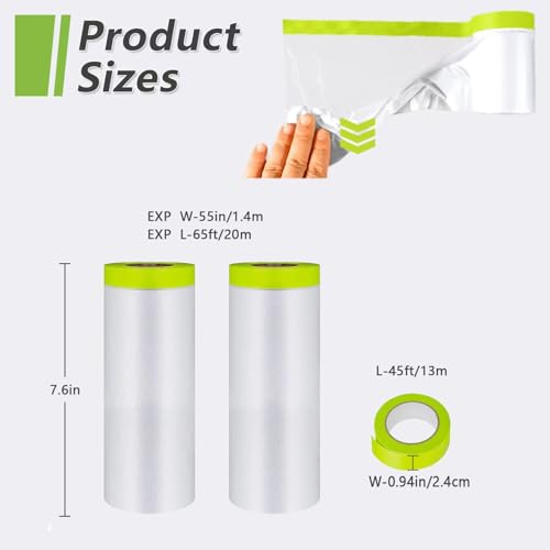 Image of Pre-Taped Masking Film-55inx65ft Tape and Drape Painters Paper Rolls, Plastic Painting Film for Automotive Painting Covering （Masking Film:2rolls,Tape:1roll）