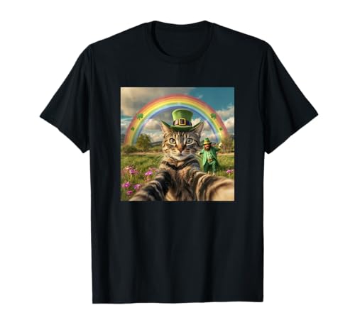 St Patrick's Day Cat Selfie With Leprechaun Funny Photo T-Shirt