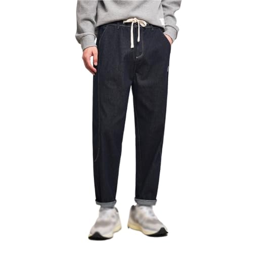 Elastic Waist Loose Denim Pants with Slight Stretch Straight Leg Pants