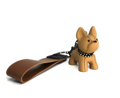 DUB SPENCER Süßer French Bulldog Hunde Miniatur Figur Schlüsselanhänger als Französische Bulldogge mit Leder Anhänger, Karabiner & Schlüsselring in 4 Farben + Aufkleber (Braun)