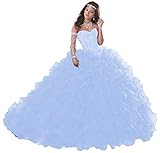 WANSHAQIN Women's Heavy Beaded Sweetheart Ball Gowns Dresses Organza Ruffles Quinceanera Dresses for Sweet 16 Sky Blue