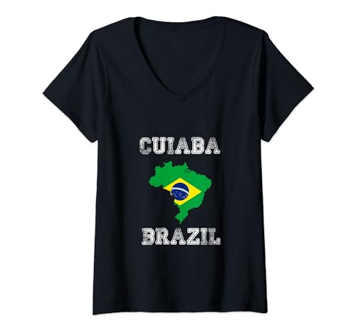 Mujer Bandera retro de Brasil de Cuiaba envejecida Camiseta Cuello V