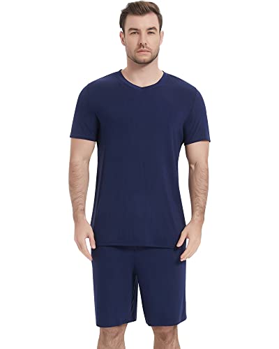 Image of NACHILA Pajamas for Men Pj Short Sleeve Sleepwear with Shorts V Neck Loungewear Cool Pajama,Viscose Made from Bamboo