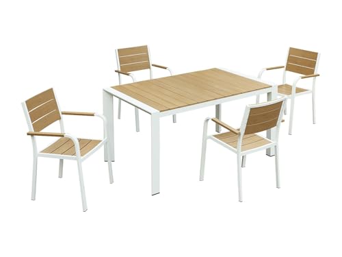 Vente-unique - Salle à Manger de Jardin en Aluminium : Une Table L.150 cm et 4 fauteuils empilables - Naturel Clair et Blanc - NYROS de MYLIA