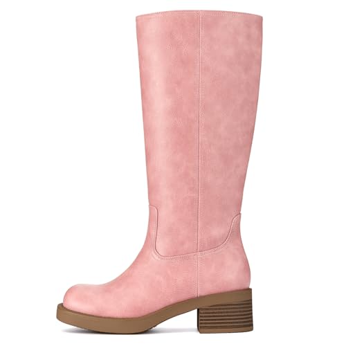 Athlefit Women's Pink Knee High Boots Square Toe Tall Riding Boots Pull On Chunky Low Heel Long Booties Size 8 — view 4