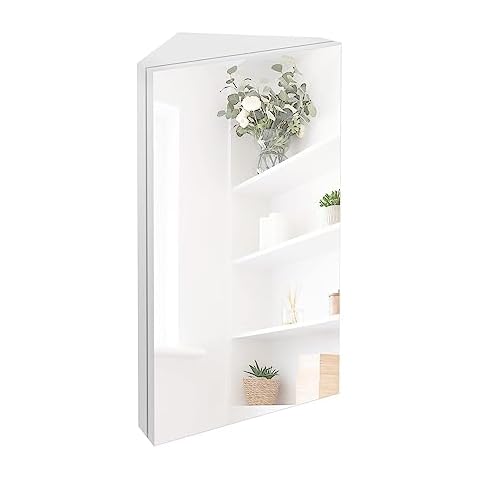 eclife 24" Bathroom Corner Medicine Cabinet W/Mirror, Single Door Bathroom White Wall Mount Mirror Cabinet, Hanging Triple Shelf Storage Cabinet Opens Left to Right Cover