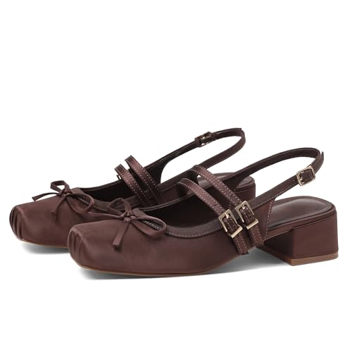 Atsroel Slingback Ballet Flats Brown Satin Mary Jane Shoes Womens Pumps
