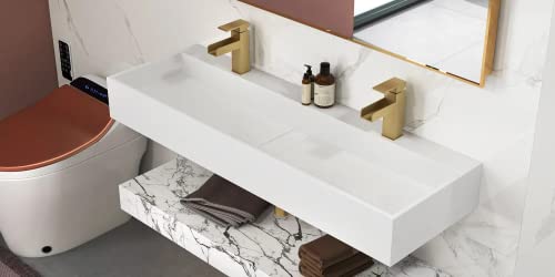 Weibath 47 Inch Wall Mounted Double Sink Stone Resin Trough Bathroom Sink Floating Sink In Matte White #TOP4