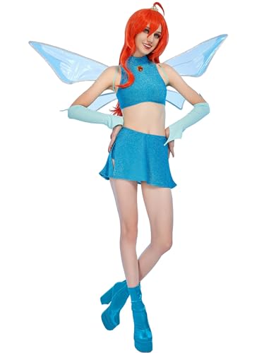 Winx Club Women's Bloom Cosplay Fairy Costume Outfit Top and Skirt with a Pair of Wings