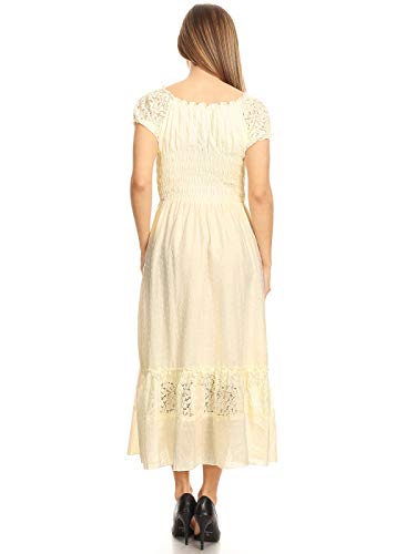 Anna-Kaci Antique Beige Small Size Smocked Waist Summer Maxi Dress Cap Sleeve Boho Gypsy, Beige, Small #TOP1