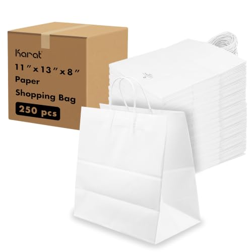 Karat White Paper Shopping Bags with Handles, 12.6 x 11.4 x 8.3 in, 250ct