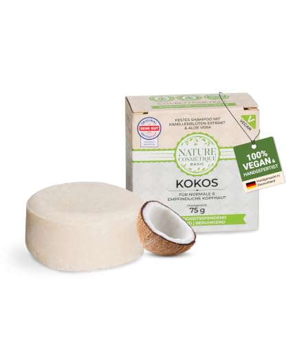 Nature Cosmétique Basic Shampoo Solido al Cocco 75 g - Aloe Vera e Camomilla, Vegano, Senza Plastica, per Capelli Normali e Secchi