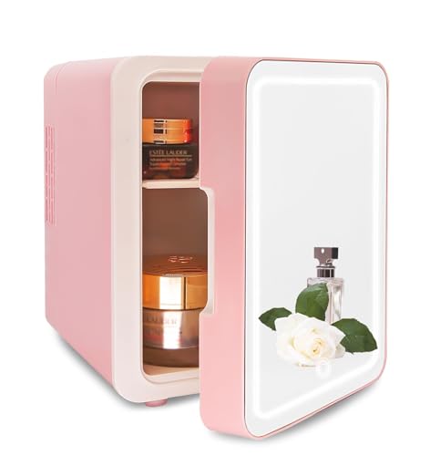 Image of VNIMTI Mini Skincare Fridge 4 Liter/6 Cans, Portable Cosmetic Fridges with Makeup Mirror, Cooler & Warmer, AC & DC, Small Refrigerator for Bedroom, Car, Office, Outdoor, Pink - 4L