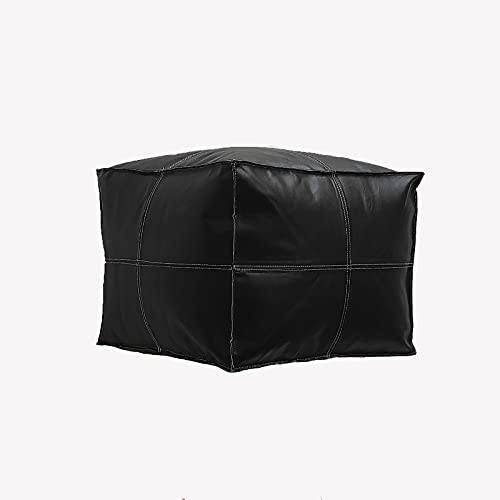 Moroccan Pouf - Genuine Goatskin Leather - Bohemian Living Room Decor - Hassock & Ottoman Footstool - Square & Large Ottoman Pouf - Unstuffed - (Black) #TOP2