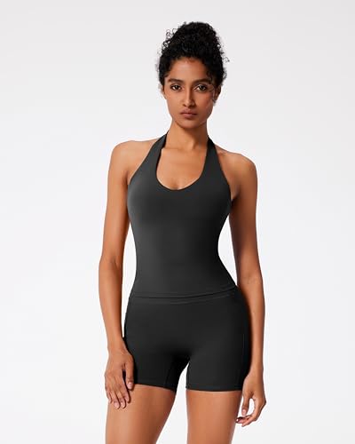 RXRXCOCO Halter Workout Sets for Women 2 Piece V Neck Tank Tops Hidden Scrunch Booty Shorts Gym Outfits with Pockets Black Large — view 2