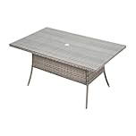 Warmiehomy Rattan Garden Table 150x90cm Outdoor Dining Table with Tempered Glass Tabletop Wicker Patio Tables with Parasol Hole Grey Outdoor Side Tables