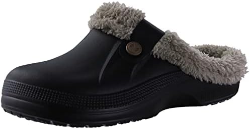 shevalues Fur Lined Clogs for Women Men Winter Waterproof Outdoor Slippers Garden Shoes, Black and Khaki Women Size 7.5-8.5