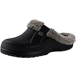 shevalues Fur Lined Clogs for Women Men Winter Waterproof Outdoor Slippers Garden Shoes, Black and Khaki Women Size 6-7