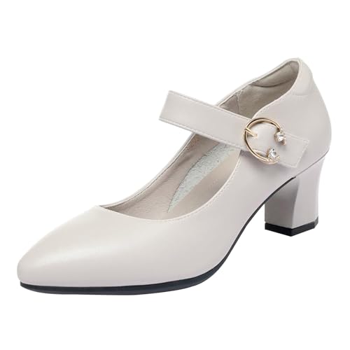 Women's Dress Shoes Low Block Heel Pumps Round Toe Dress Sandals Office Business Work Shoe Non-Slip Ballroom Mary Jane Shoes White