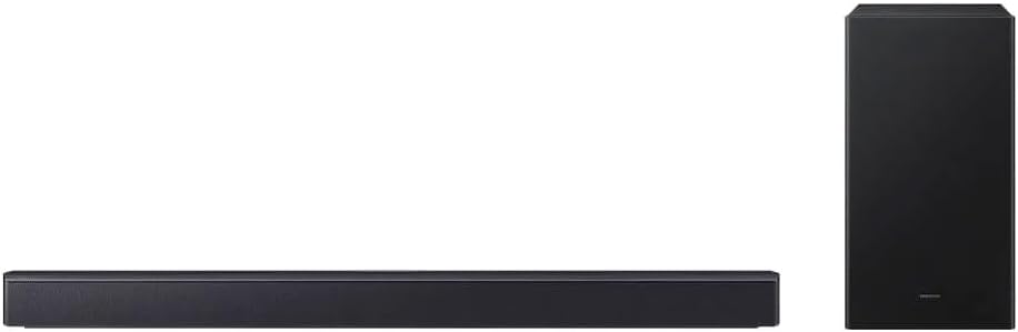 Soundbar Samsung HW-B450F preta acompanhada de subwoofer sem fio