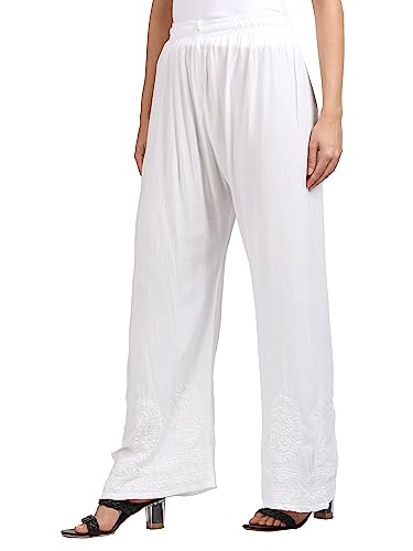 Image of FAWOMENT Women's Chikankari Hand Embroidery Straight Rayon Blend Plazo