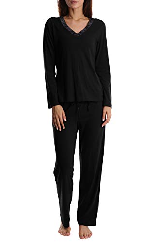 Adult Women's Satin Trim V Neck Long Sleeve Shirt with Pajama Jammie Plus Size Pant Set Black 2X
