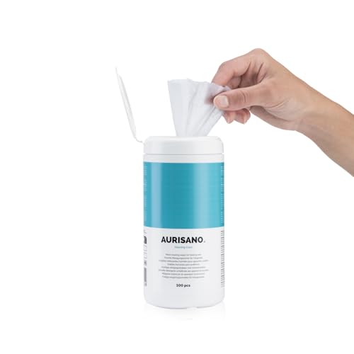 AURISANO Hörgeräte Reinigungstücher 100 Stk - Spenderbox mit Reinigungstücher Hörgeräte - Entfernt Ohrenschmalz und Verschmutzungen - 100% Biologisch Abbaubare Feuchttücher - Zertifiziert und Sicher