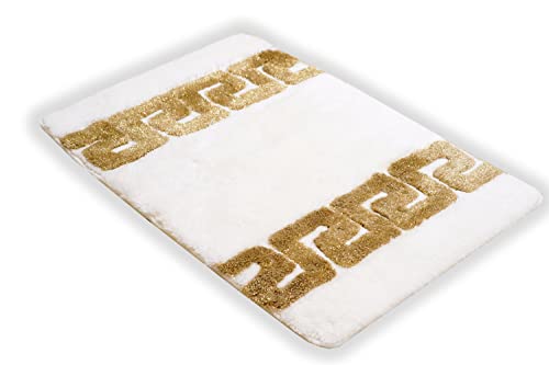 Luxus Badematte Badezimmerteppich Duschmatte Badvorleger Badgarnitur Set 2 teilig in weiss gold Mäander Muster 100% Acryl - rutschfest waschbar flauschig Fussbodenheizung geeignet - Weiss, 2er SET – Bild 3