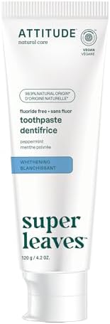 ATTITUDE Fluoride-Free Toothpaste, Plant- and Mineral-Based Ingredients, Vegan, Cruelty-Free and Sugar-Free, Whitening, Peppermint, 4.2 Oz