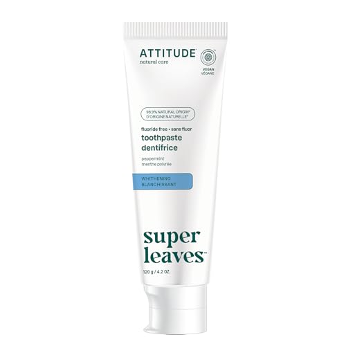 Attitude Whitening Fluoride-Free Toothpaste Peppermint Flavor Sugar-Free Plant & Mineral-Based Formula Vegan & Cruelty-Free Clean Oral Care 4.2 Oz