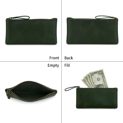 Image of Leather Pencil Pouch, Currency Pouch, Leather Pencil Case, Zippered Pouch Paper Money, Pen Case, Pen and Marker Case, Pencil Case For Artists & Professionals (Forest Green)