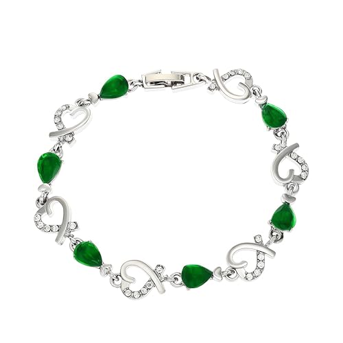 LULUQIFA 14K Gold Plated Love Heart Link Bracelet for Women Crystal Bangle Dainty Tennis Chain Cuff Trendy Jewelry for Wife Mom Anniversary Valentines Birthday Gifts Silver Green