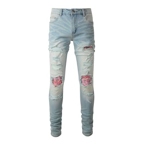 Jeans Pants Trouser Denim Men Street Trendy Light Blue Personalized Punch Washed Grinding Fading Ripped Hole Patch Slimming Casual(Light Blue,32)