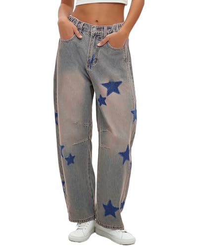 LifeShe Star Barrel Wide Leg Jeans Women Loose Printed Boyfriend Mid Rise Baggy Denim Pants
