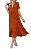 Women's 2026 Summer Short Sleeve V Neck Swing Dress Flowy Tiered Maxi Beach Sundress with Pockets Rust