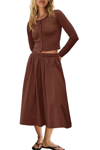 Image of Panadila Womens 2 Piece Lounge Sets Matching Vacation Outfits Ribbed Button Down Cardigan and Elastic Waist Skirt Sets