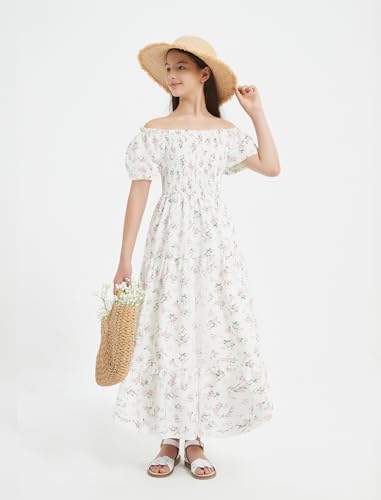 EXARUS Girls Maxi Long Smocked Dress Tween Swiss Dots Summer Square Neck Short Sleeve Casual A-line Dresses for 6-12Y4