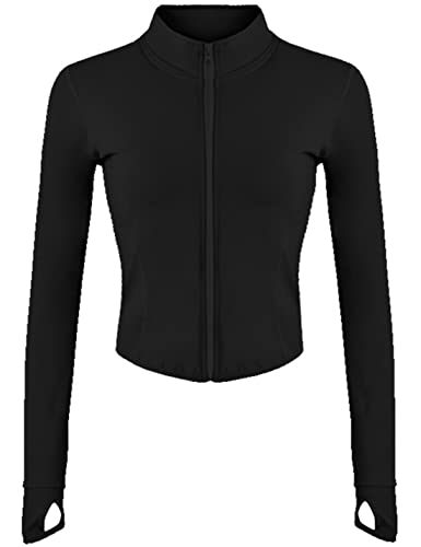 Hvewarm Women's Cropped Athletic Bbl Jacket Seamless High Low Hem Zipper Thumbhole Workout Sportwear(Ablack-S) #TOP1