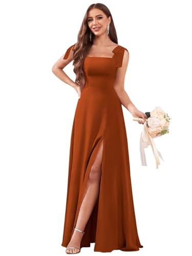 Chiffon Square Neck Bridesmaid Dresses Long for Women Tie Strap A Line Formal Evening Dress with Slit