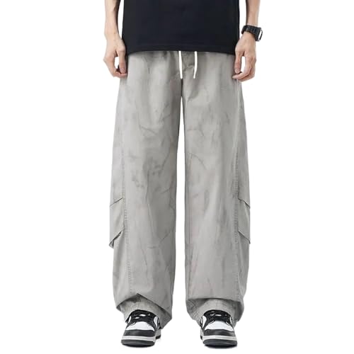 Men's Korean Casual Pants Elastic Waist Cargo Cotton Pants Multi-Pocket Drawstring Trousers