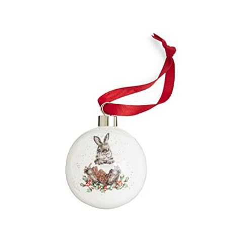 Royal Worcester Merry Christmas Bauble, Wrendale Designs, 2.6 Inch Fine Bone China Christmas Bauble - Holiday Decoration Christmas Tree Ornament, Festive Bunny Rabbit Bauble with Red Ribbon Cover