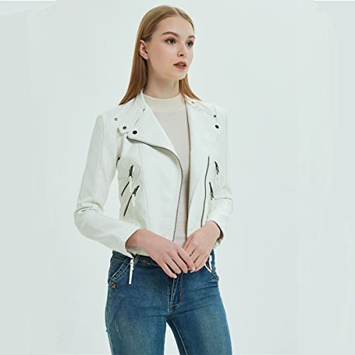 Gatti Women's Faux Leather Jackets Short Coats Slim Zipper Jacket White S #TOP2