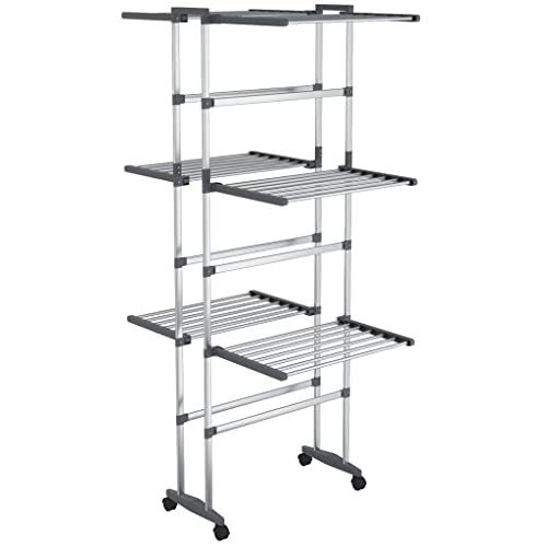 vidaXL 3-Tier Laundry Drying Rack with Wheels Household Supply Clothes Hanger Rack Airer Tower Dryer Foldable Clothes Drying Stand Silver